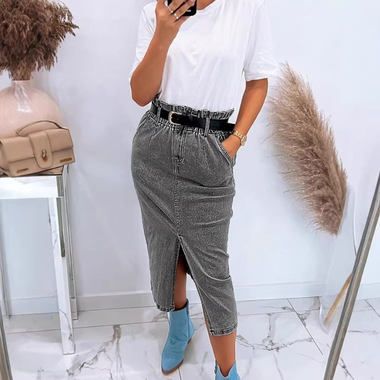 Women's High-Waisted Paperbag Denim Midi Skirt with Front Slit and Tied Belt Chichicherry