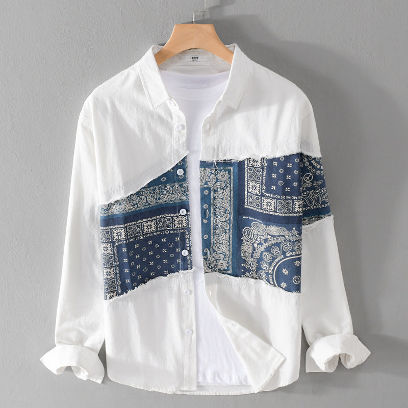 Men's Patchwork Shirt Jacket with Bandana Insert, Raw Edges and Loose Fit Chichicherry