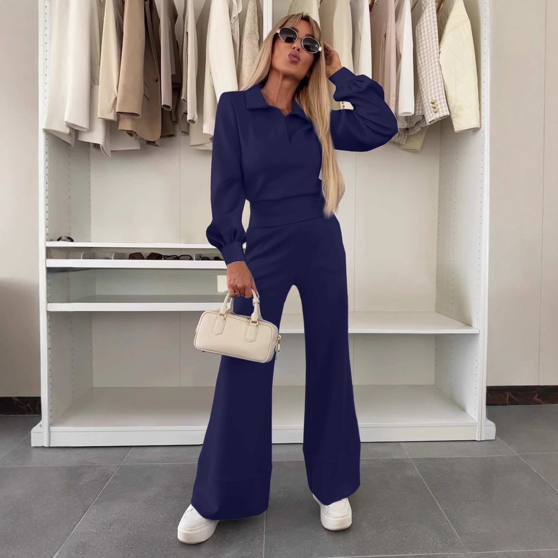 Women's Two Piece Lounge Set with Polo Collar and High Waist Palazzo Pants Chichicherry