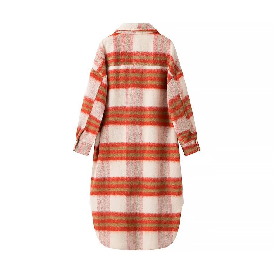 Women Longer Checked Teddy Coat in Shirt Jacket Look with Shirt Collar and Patch Pockets Chichicherry