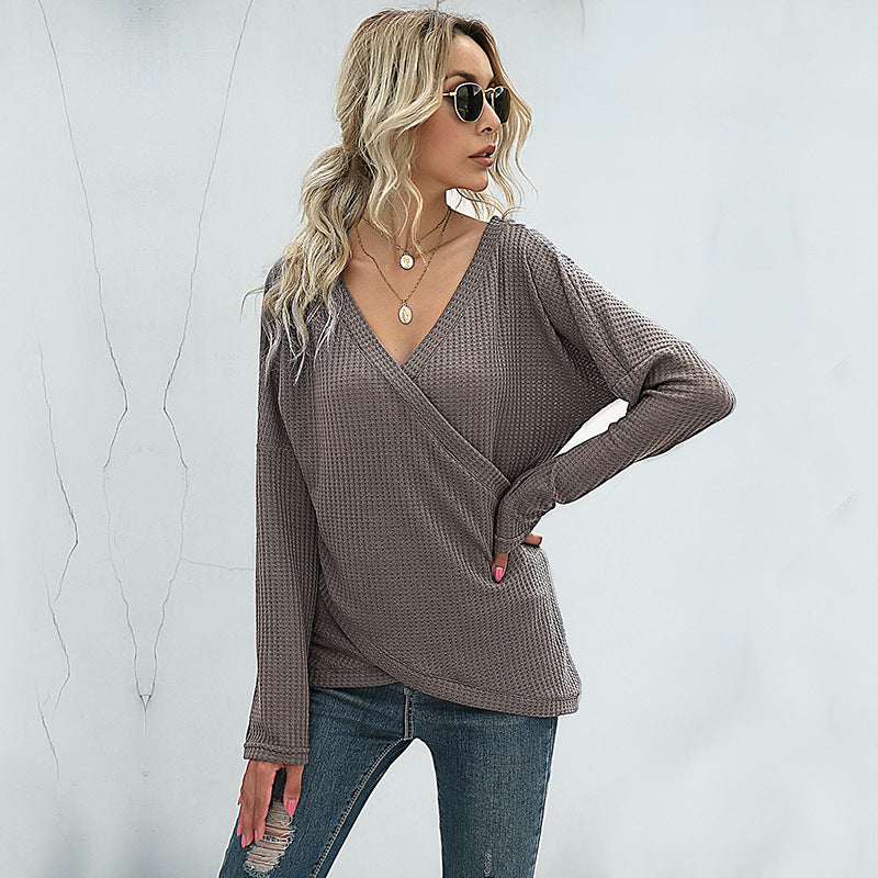 Women's Waffle Knit Wrap Shirt with V-Neck and Long Sleeves Chichicherry