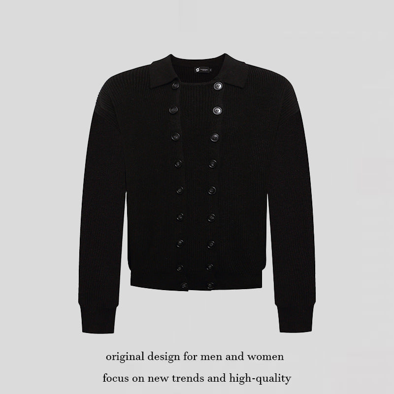 Men's Double-Breasted Knit Cardigan with Shirt Collar and Ribbed Cuffs Chichicherry