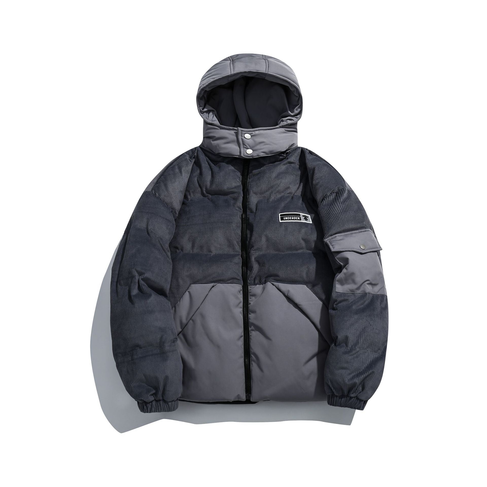 Women's cord quilted puffer jacket with hood and utility arm pocket Chichicherry