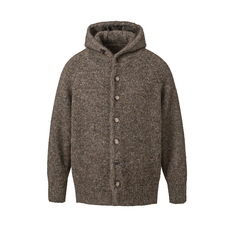 Men's chunky knit hooded cardigan with full button placket and ribbed cuffs Chichicherry