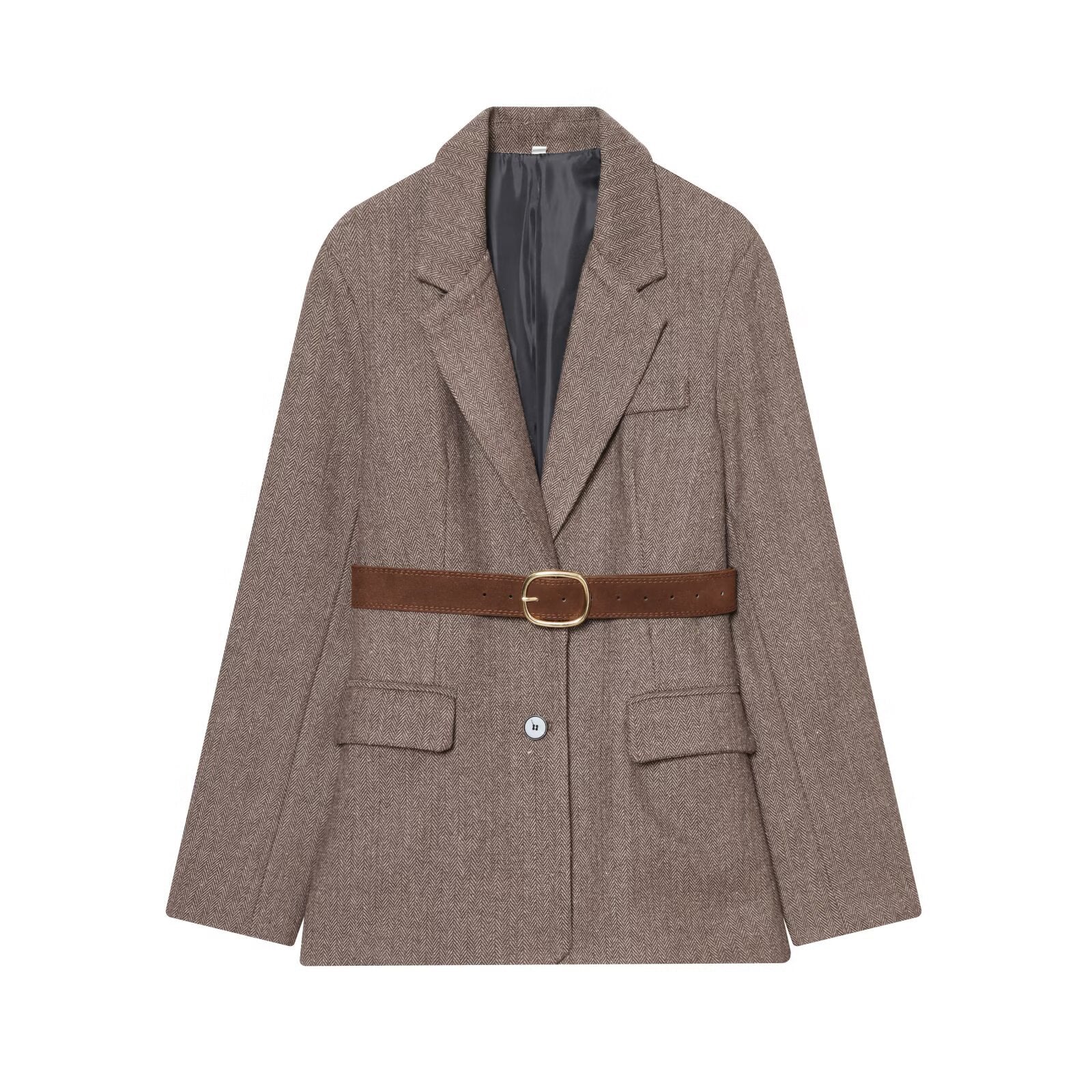 Women's Oversized Blazer-Coat in Herringbone Pattern with Waist Belt Chichicherry