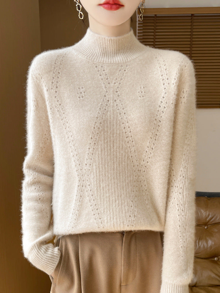 Women's Light Mockneck Fine Knit Sweater with Eyelet Chevron and Cashmere Soft Finish Chichicherry