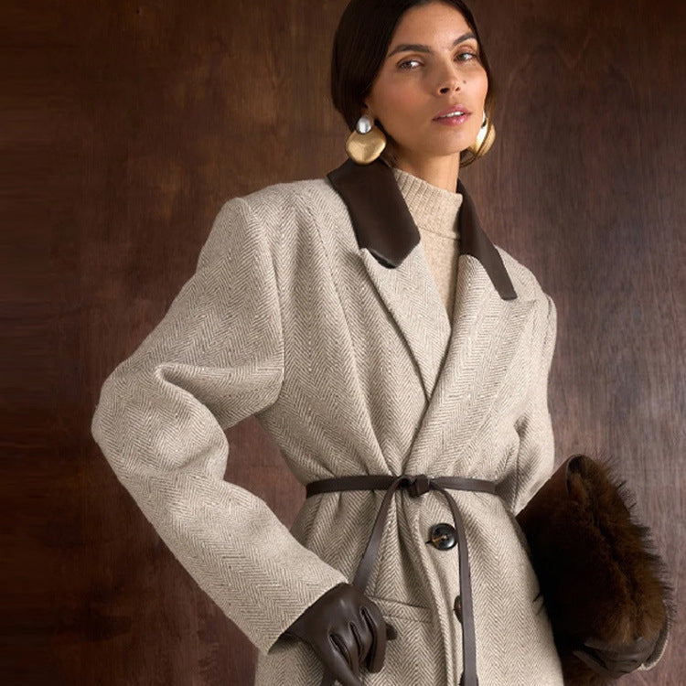 Women Tailored Wool Blend Coat with Herringbone Texture, Contrast Leather Collar and Leather Belt Chichicherry