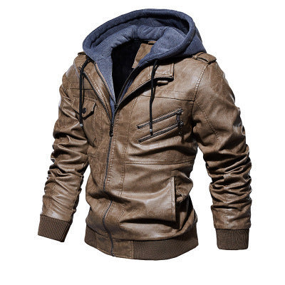 Men's faux leather flight jacket with integrated hood layer, zippered chest pocket, and ribbed cuffs Chichicherry