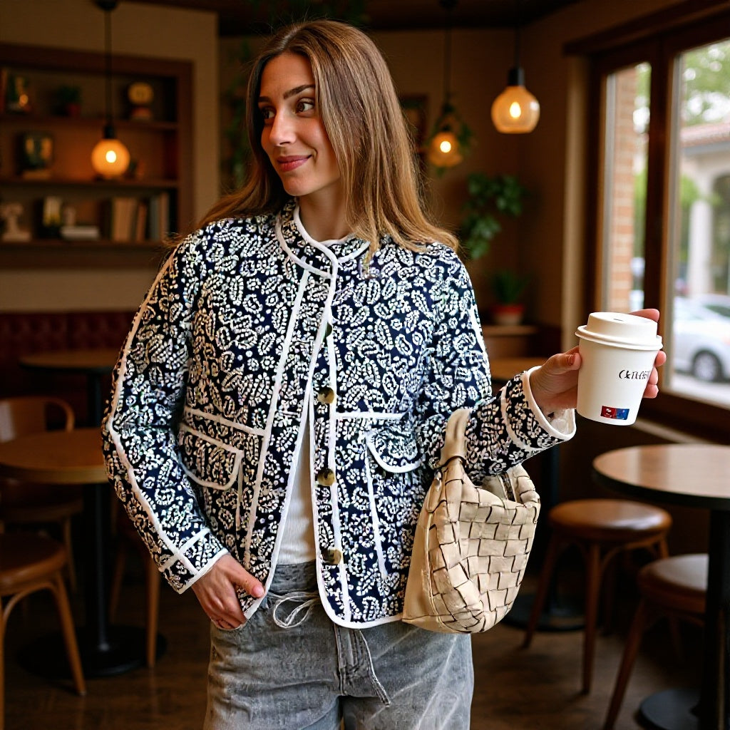 Women quilted transitional jacket withStand-up collar, paisley print and contrasting piping Chichicherry