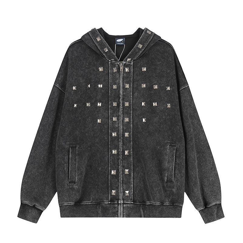 Women Oversize Zip Hoodie with Vintage Wash and Pyramid Studs Chichicherry