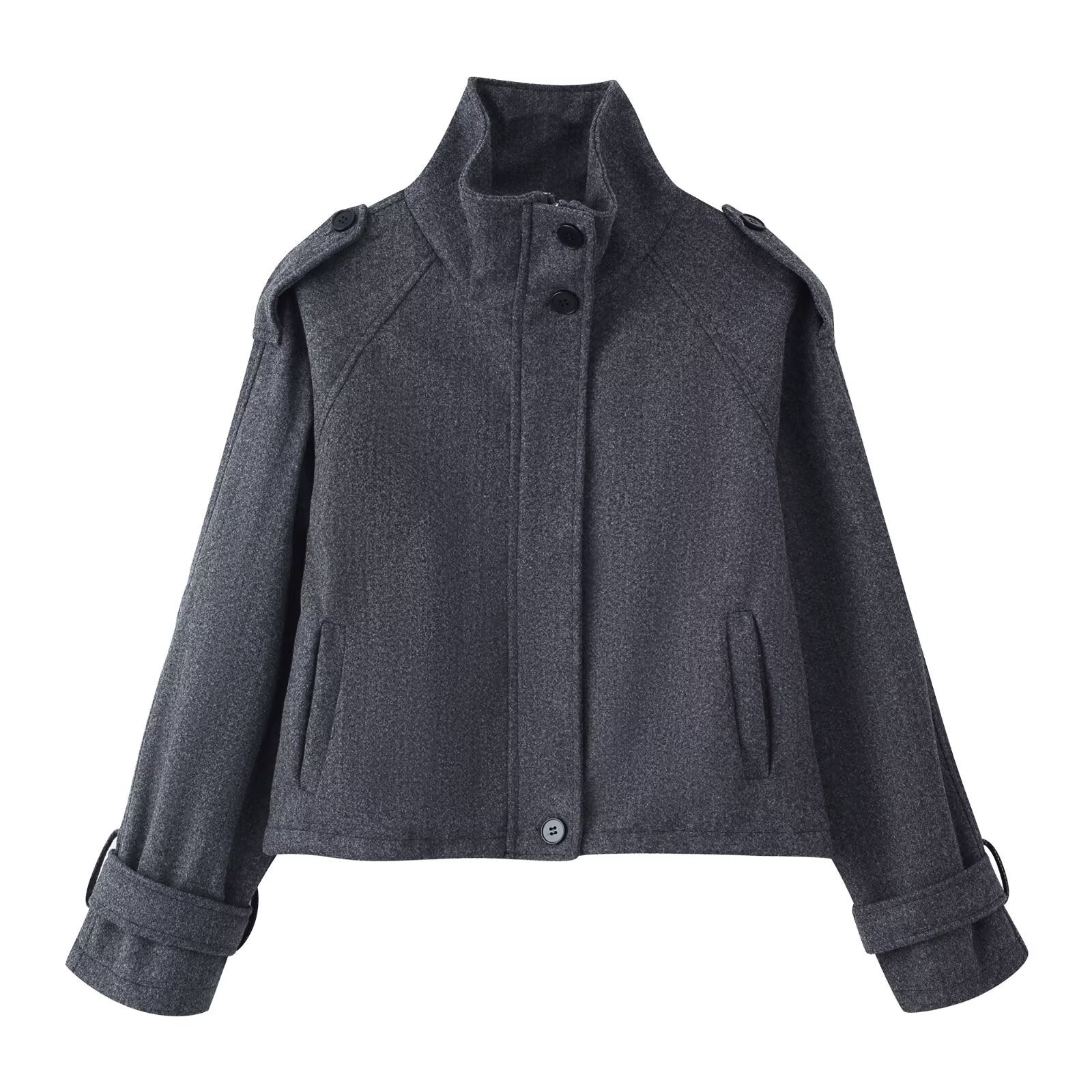 Women's short coat in cape look with high stand-up collar, epaulettes and wide raglan sleeves Chichicherry