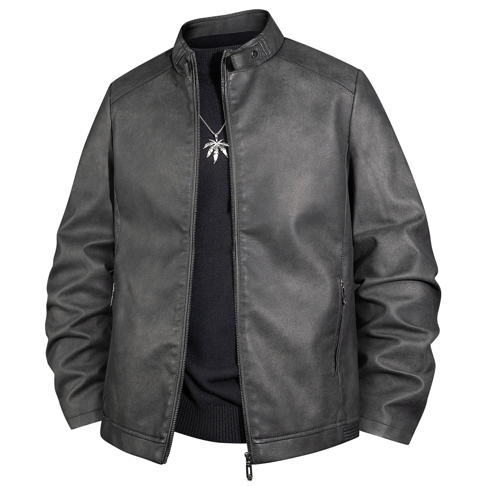 Men's Vintage Leather Look Bomber Jacket with Stand-up Collar and Zipper Chichicherry