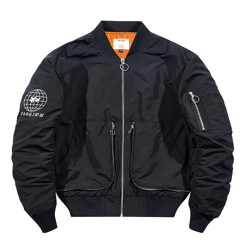 Men's Nylon Bomber Jacket in Aviator Style with Zipper Arm Pocket and Contrasting Lining Chichicherry