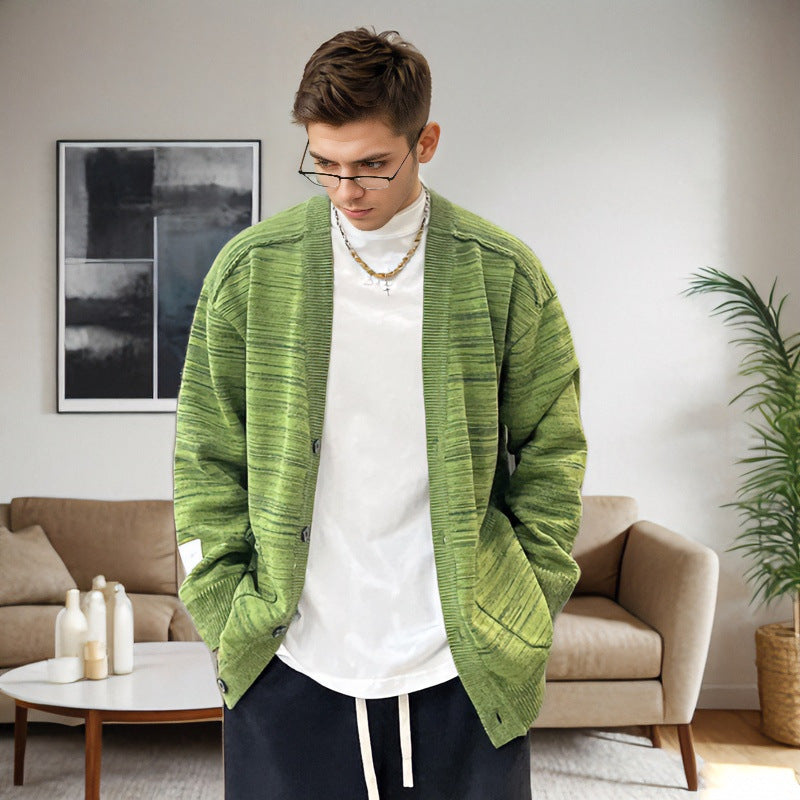Herren Lockerer Melierter Oversize-Strickcardigan mit Knopfleiste und aufgesetzten Taschen Chichicherry