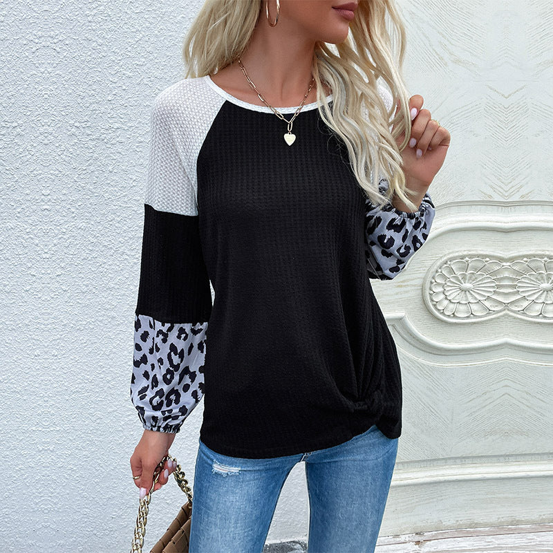 Women’s Asymmetrical Waffle Knit Shirt with Knot Hem and Leopard Cuffs Chichicherry