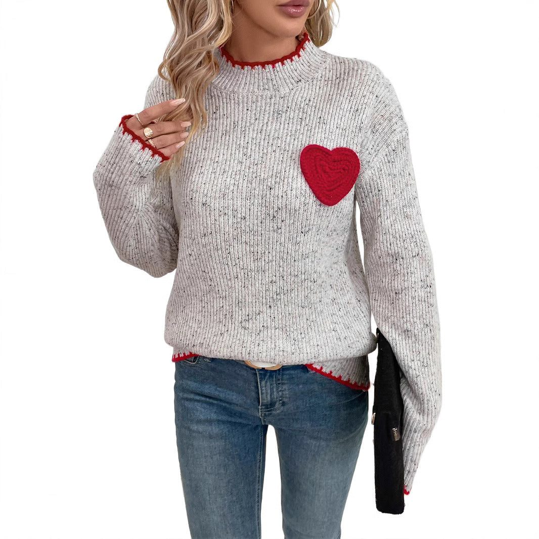 Women's Ribbed Fine Knit Sweater with Heart Application and Contrasting Hem Edge Chichicherry