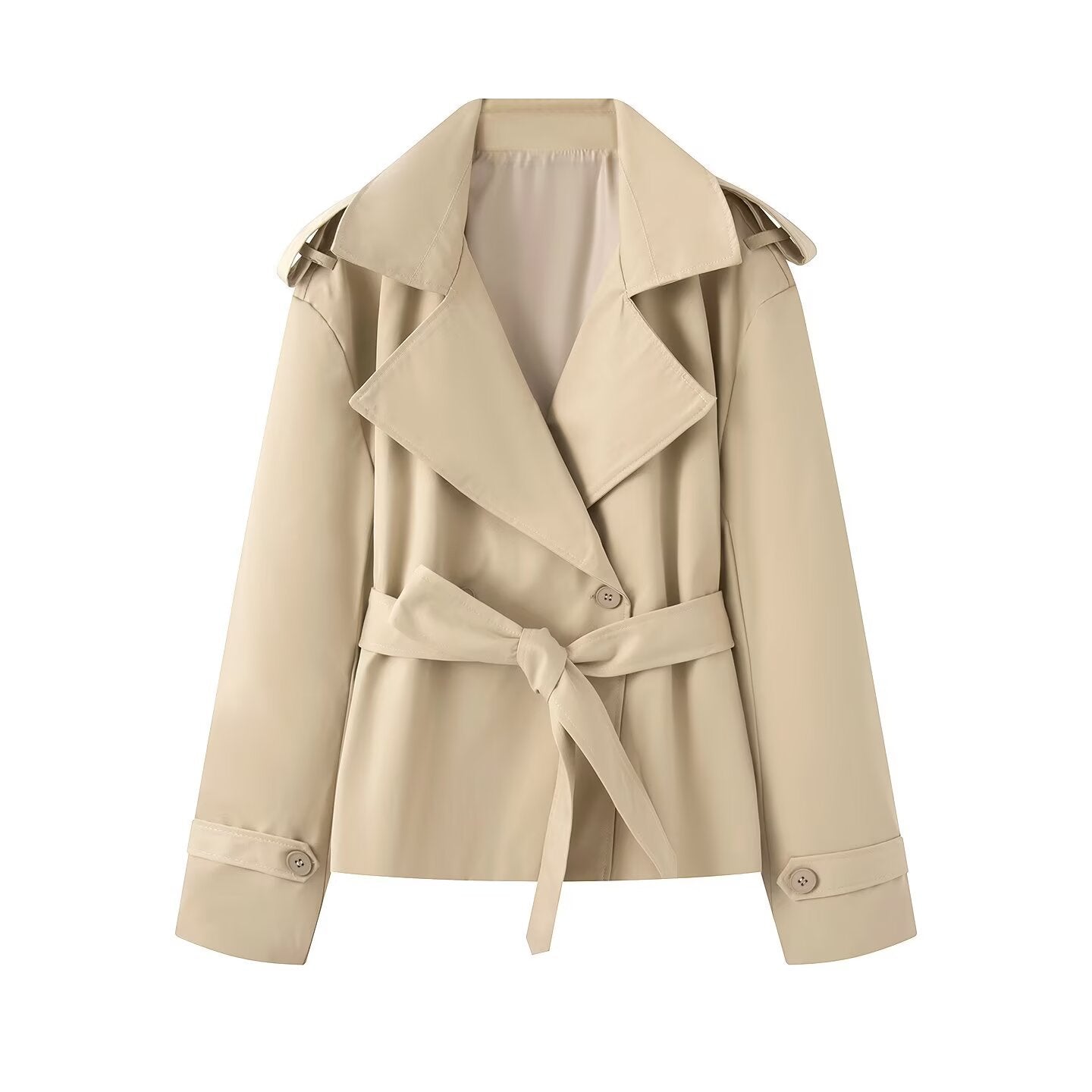 Women's Short Cut Trench Coat with Waist Belt and Wide Lapels Chichicherry