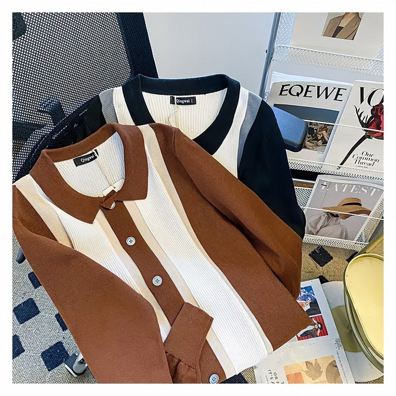 Damen Feinstrick-Cardigan mit Polokragen, kontrastierenden Rippeinsätzen und durchgehender Knopfleiste Chichicherry