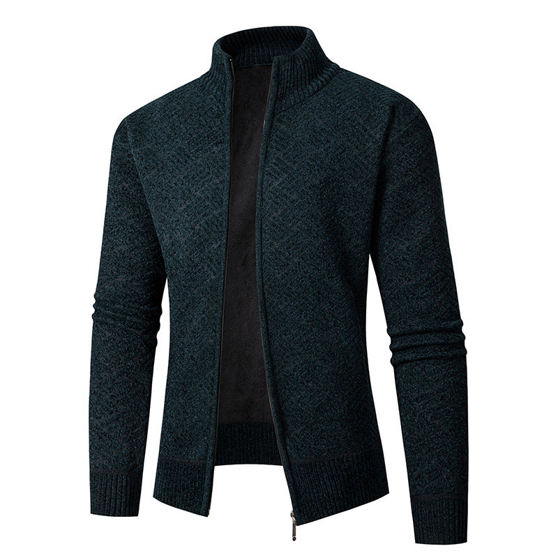 Men's Thermal Knit Jacket with Full Zip, Lined Stand-Up Collar and Geometric Structure Pattern Chichicherry