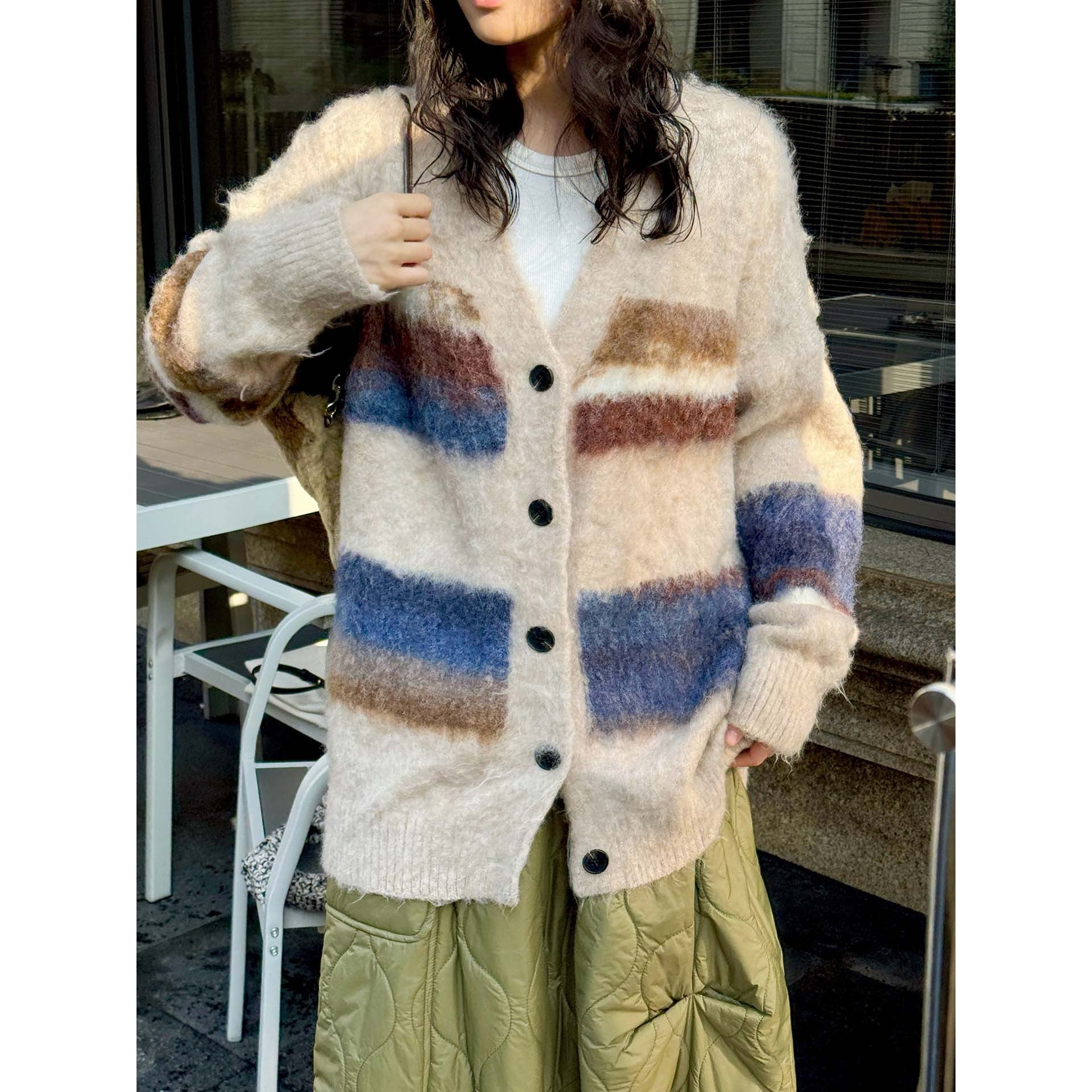 Women Cozy Mohair-Optics Checkered Button Cardigan with Oversize Silhouette Chichicherry