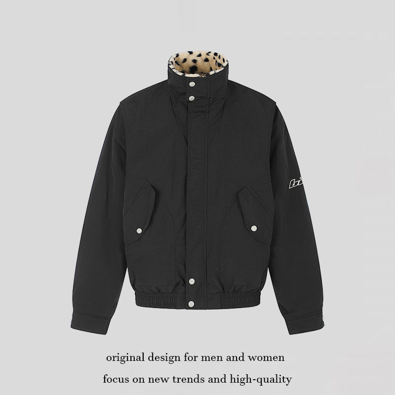 Women's Padded Blouson Jacket with Stand-Up Collar and Leopard Lining Chichicherry