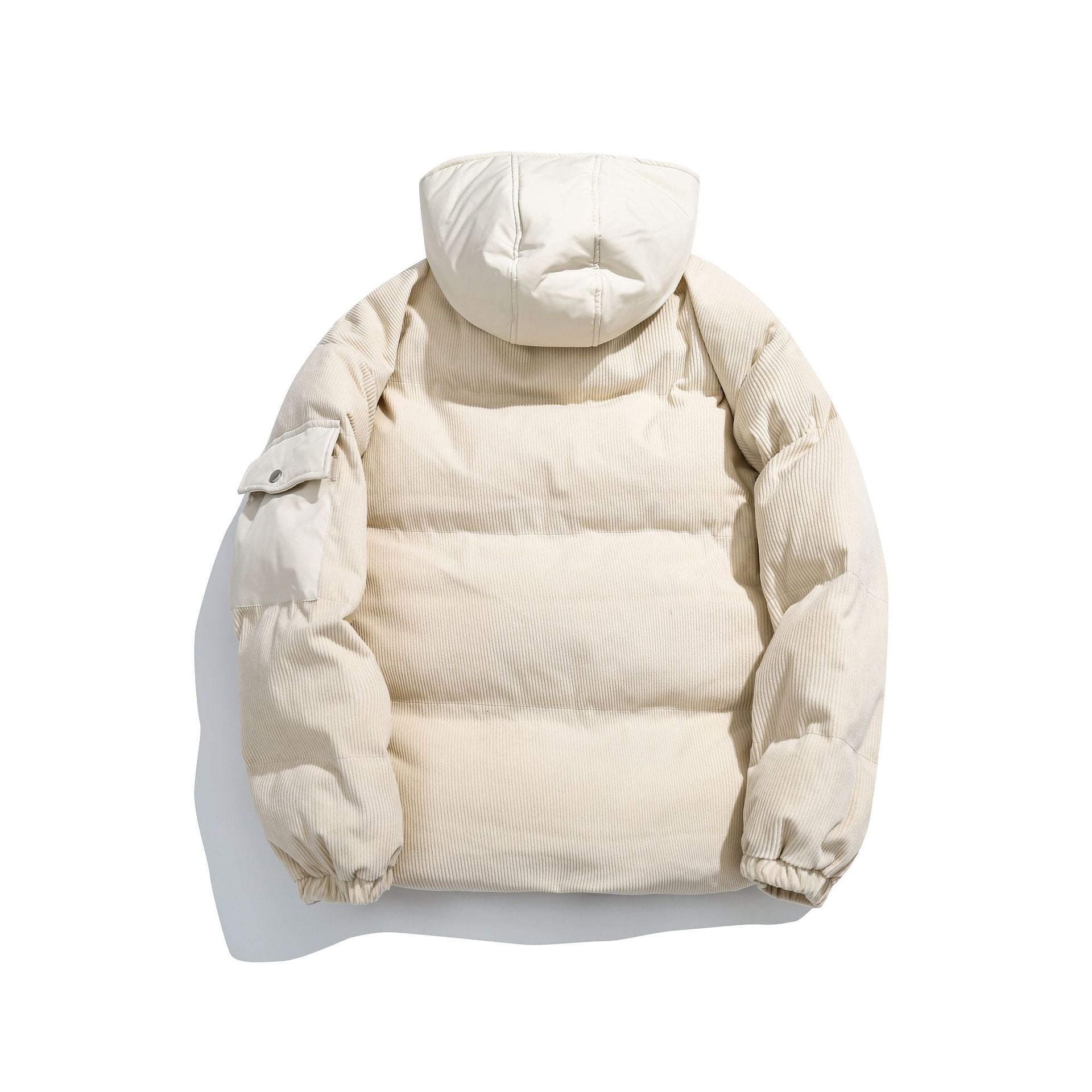 Women's cord quilted puffer jacket with hood and utility arm pocket Chichicherry