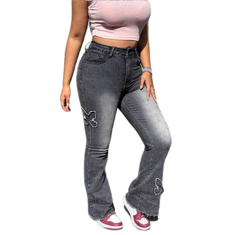 Ladies High-Waisted Flared Jeans with Butterfly Embroidery, Raw Hem and Sculpting Stretch Waistband Chichicherry
