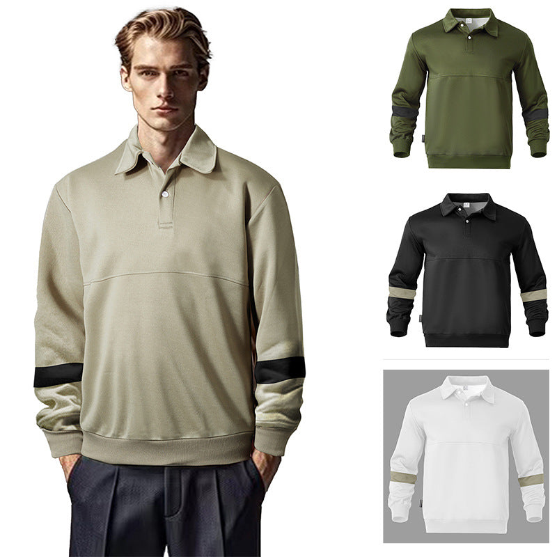 Men's Relaxed Polo Sweatshirt with Snap Button Placket and Contrast Arm Details Chichicherry