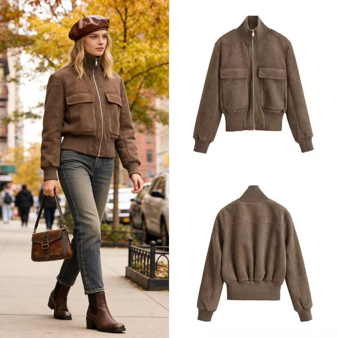 Women Short Cut Suede Look Bomber Jacket with Stand-Up Collar and Large Flap Pockets Chichicherry