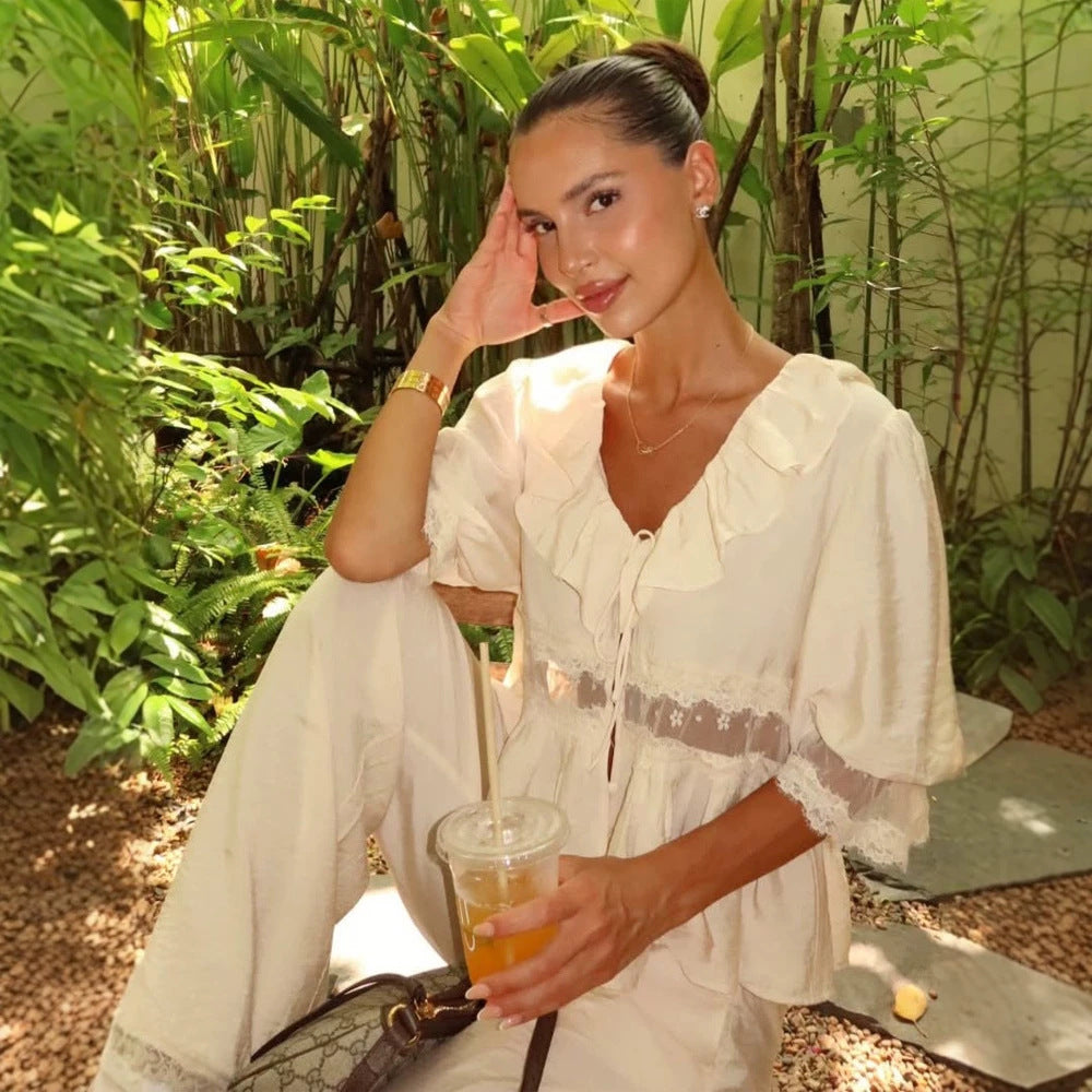 Women Romantic Linen Blouse with Ruffles, Lace Inserts & Cord Closure Chichicherry