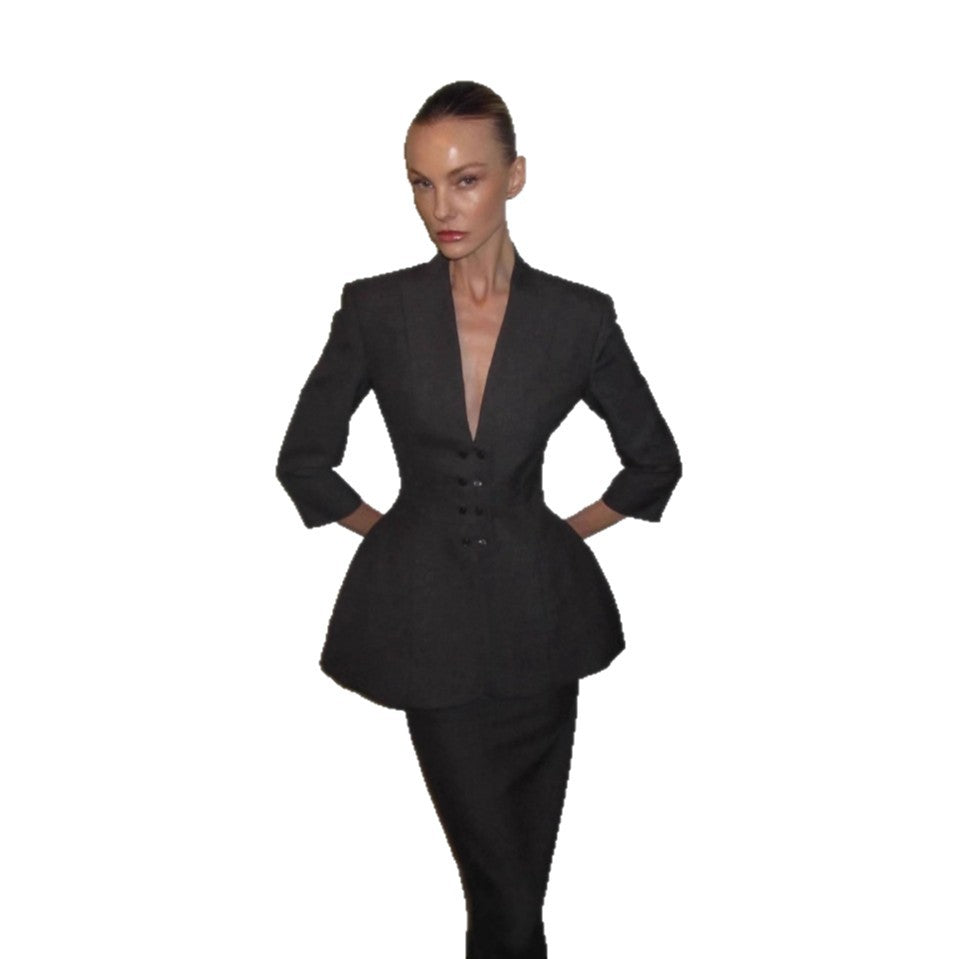 Women Tailored Peplum Blazer with Emphasized Waist and Deep V-Neck Chichicherry