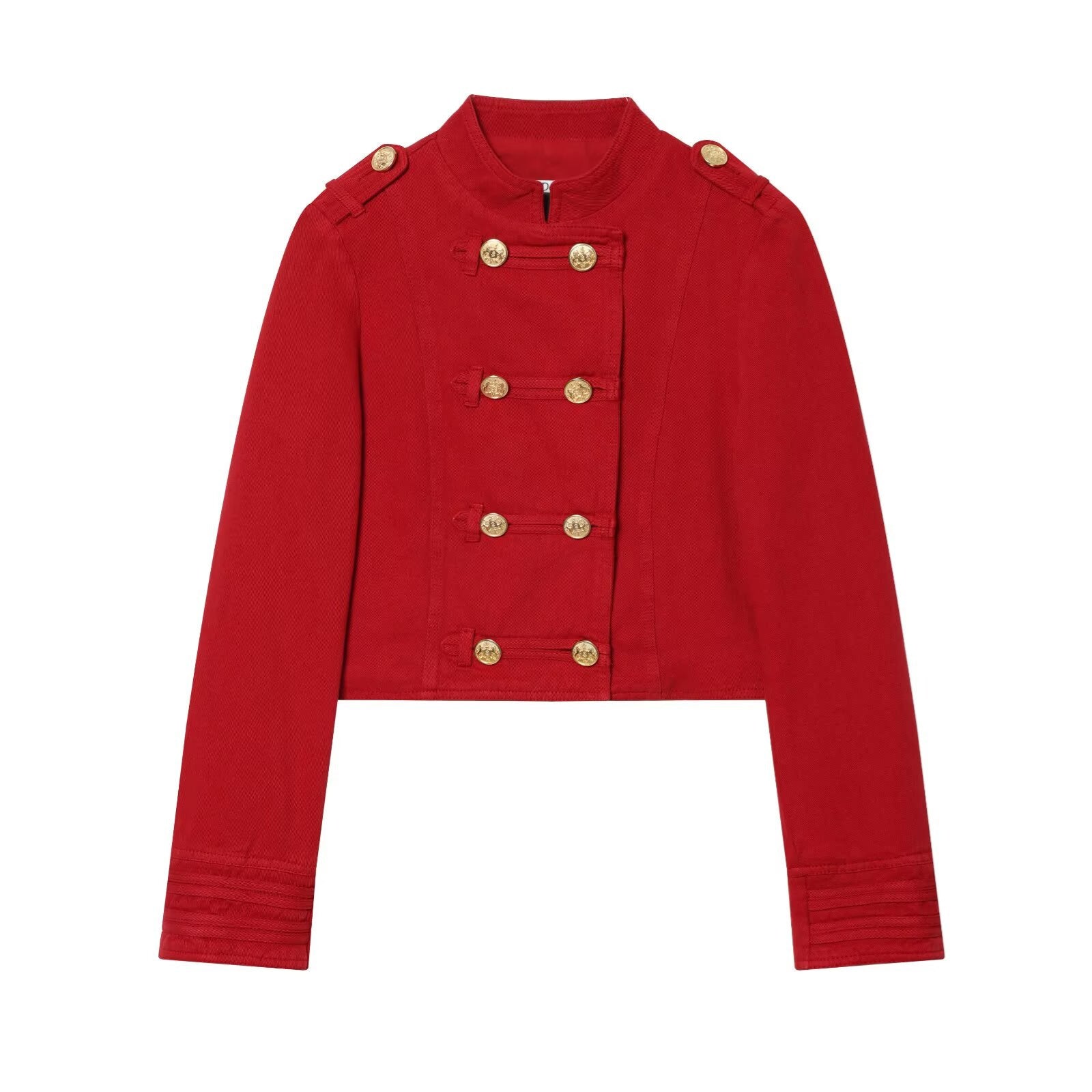 Women's Short Military-Inspired Jacket with Stand Collar and Decorative Buttons Chichicherry