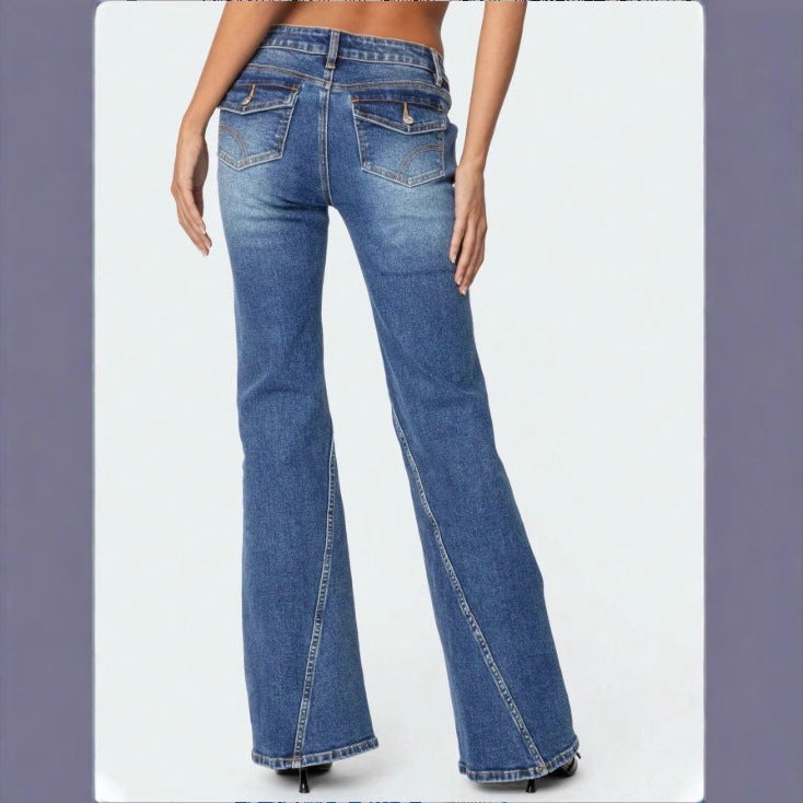 Ladies High-Waisted Vintage Flared Jeans with Slim Hip Section and Vertical Seam Chichicherry