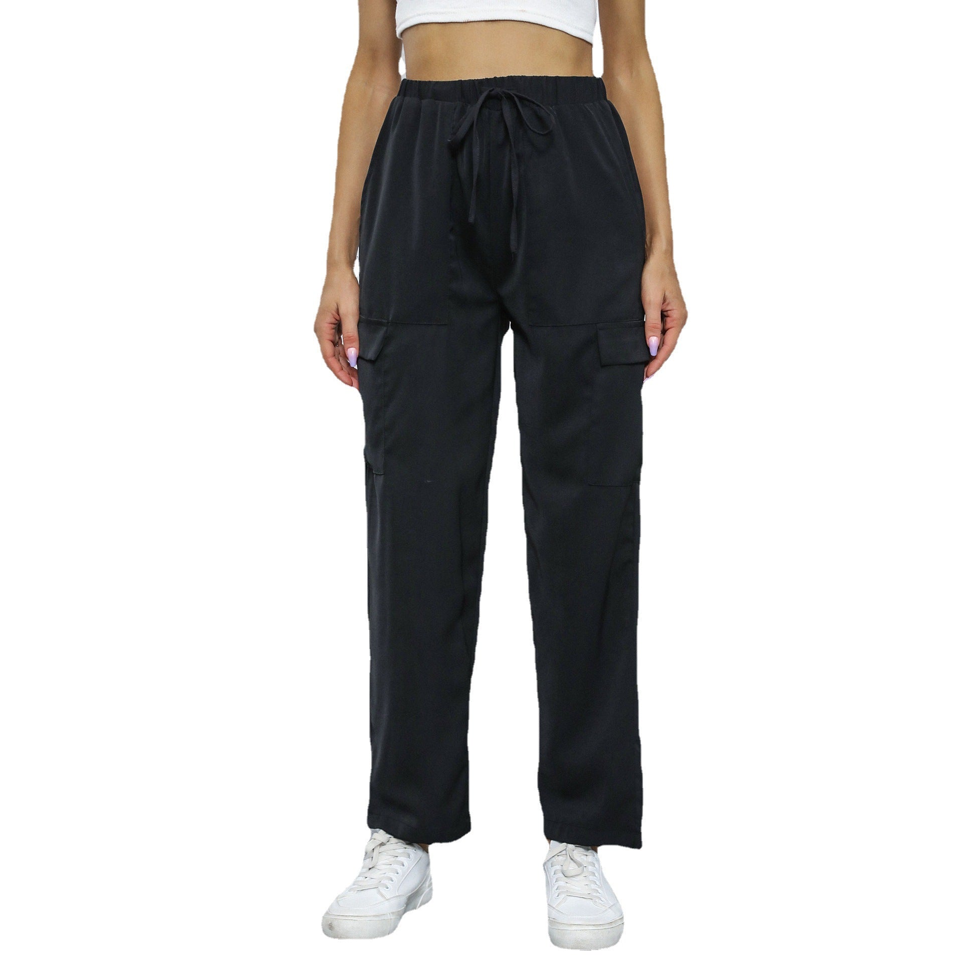 Women's cargo pants with drawstring, straight leg and patch pockets