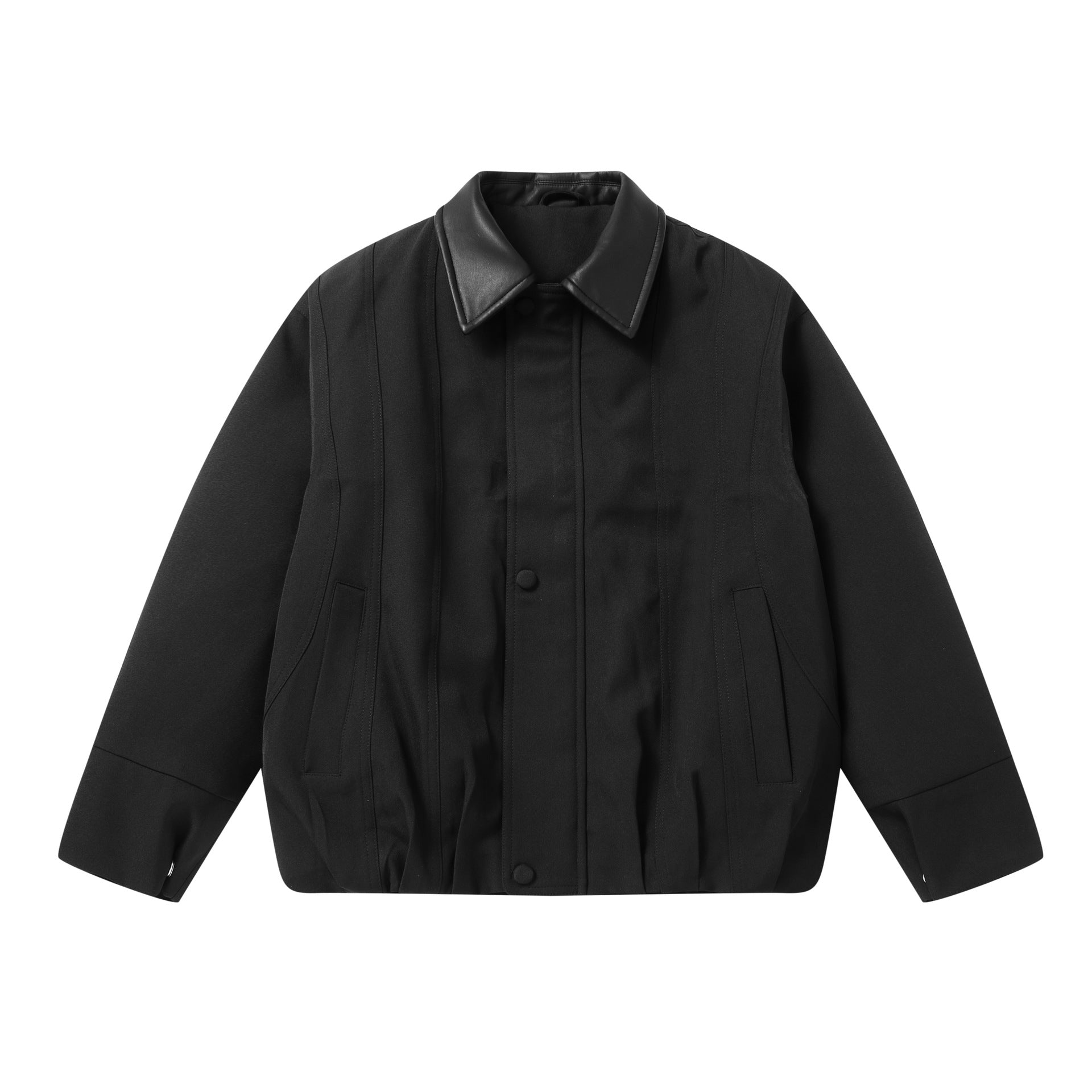 Men's Short Boxy Workwear Blouson with Leather Collar and Vertical Quilting Chichicherry