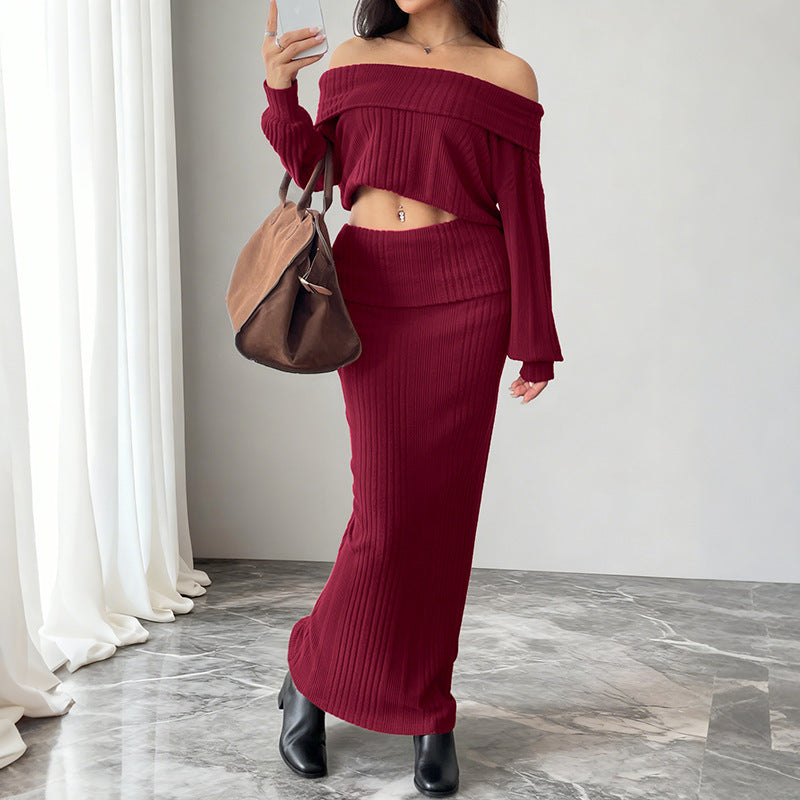 Women's Off-Shoulder Ribbed Knit Set with Bardot Neckline and Figure-Hugging Maxi Skirt Chichicherry