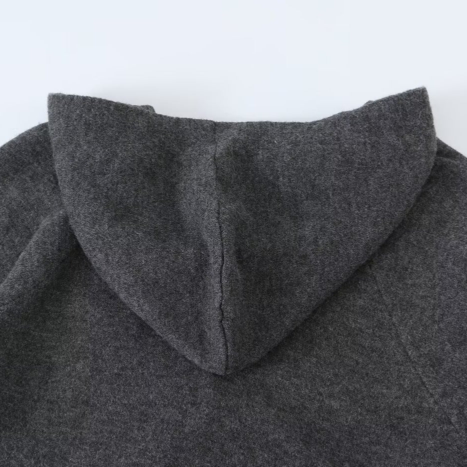 Women Long Hooded Cardigan with Full Button Placket and Ribbed Cuffs Chichicherry