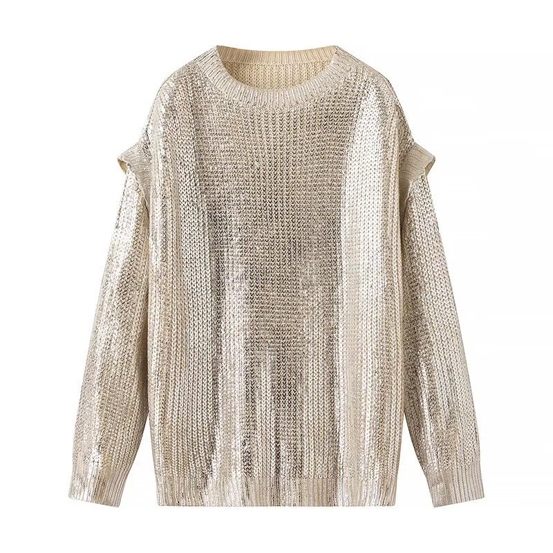 Women Shiny Oversize Knit Sweater with Shoulder Cutouts Chichicherry