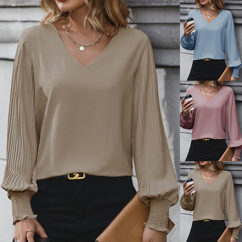 Women's V-neck blouse with pleated balloon sleeves and smocked cuffs Chichicherry
