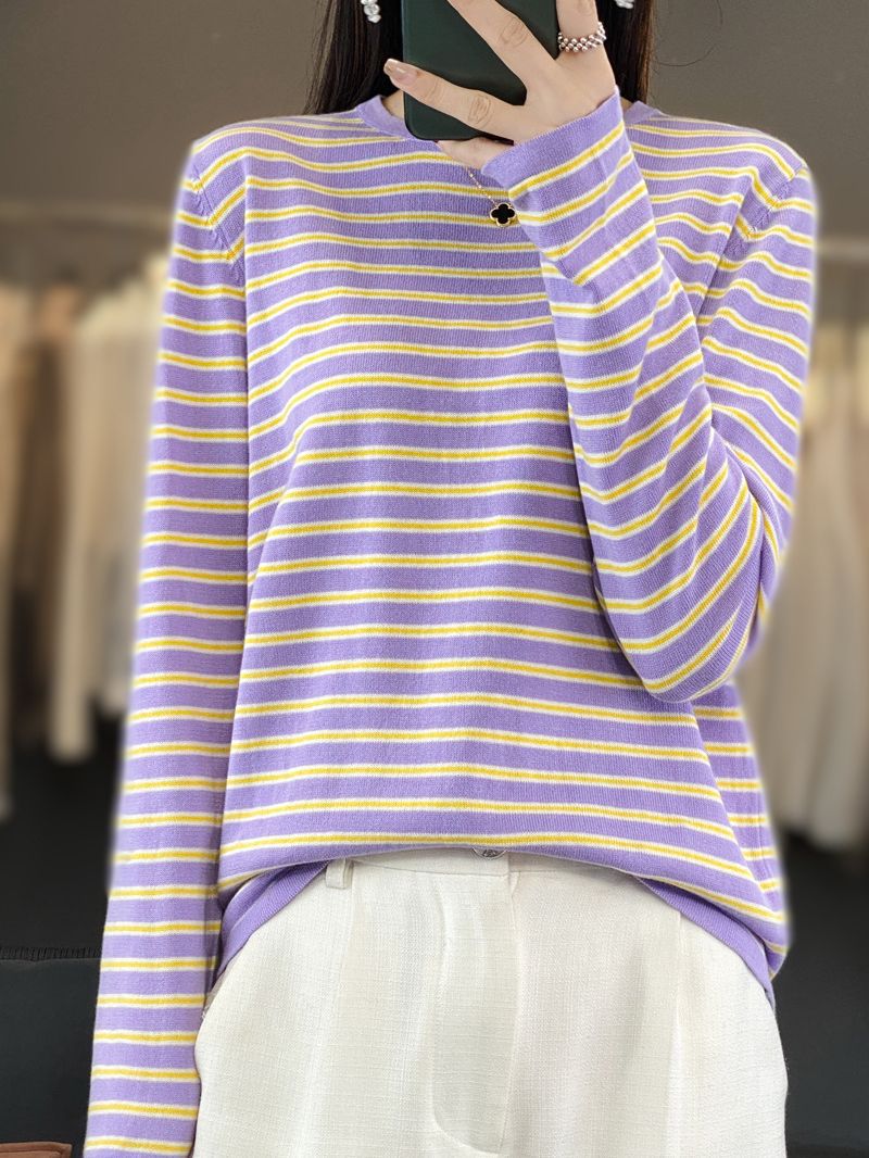 Women Lightweight Cotton Blend Striped Sweater with Round Neck, Raglan Sleeves and Casual Silhouette Chichicherry