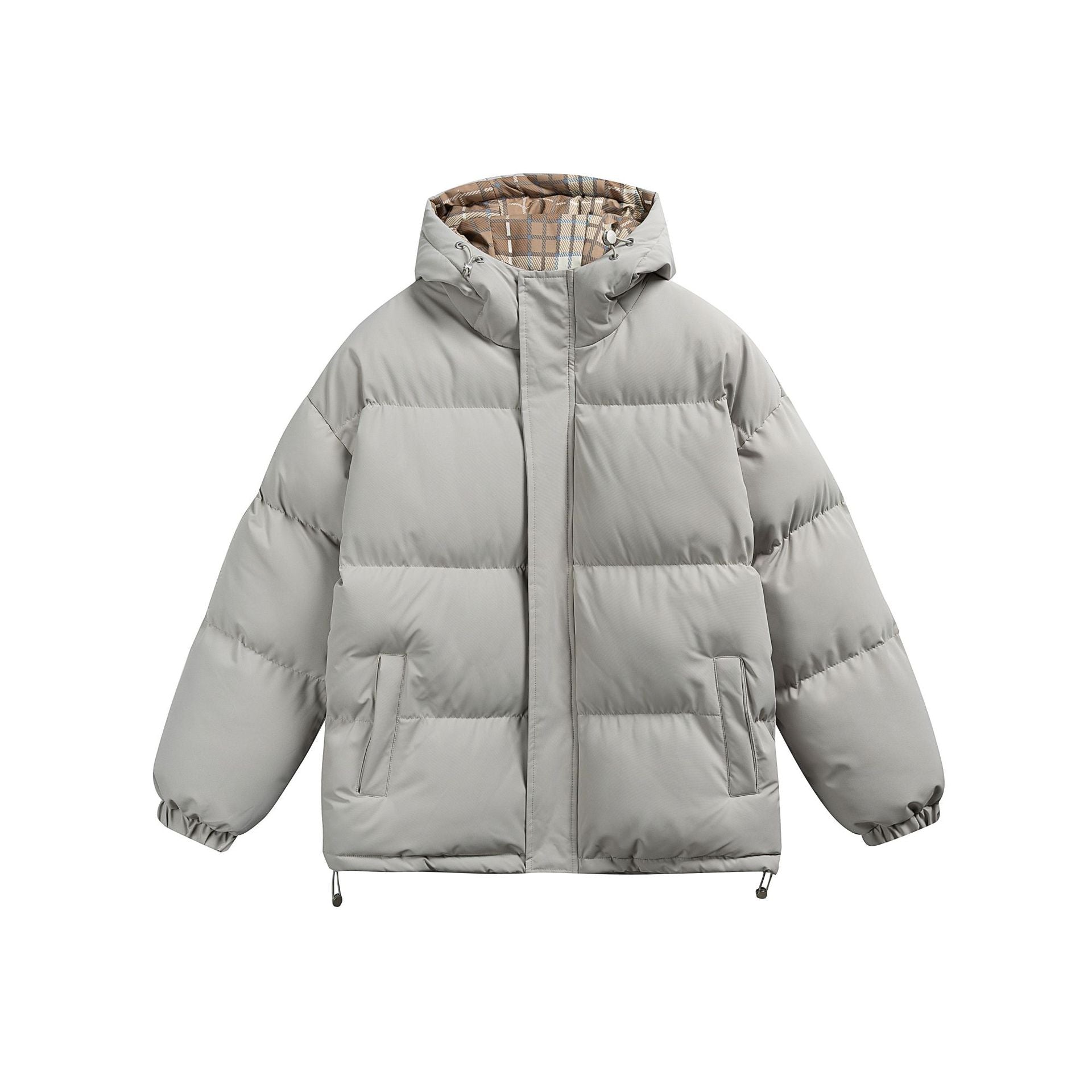 Women Padded Oversize Quilted Jacket with Hood, High Collar and Checked Lining Chichicherry