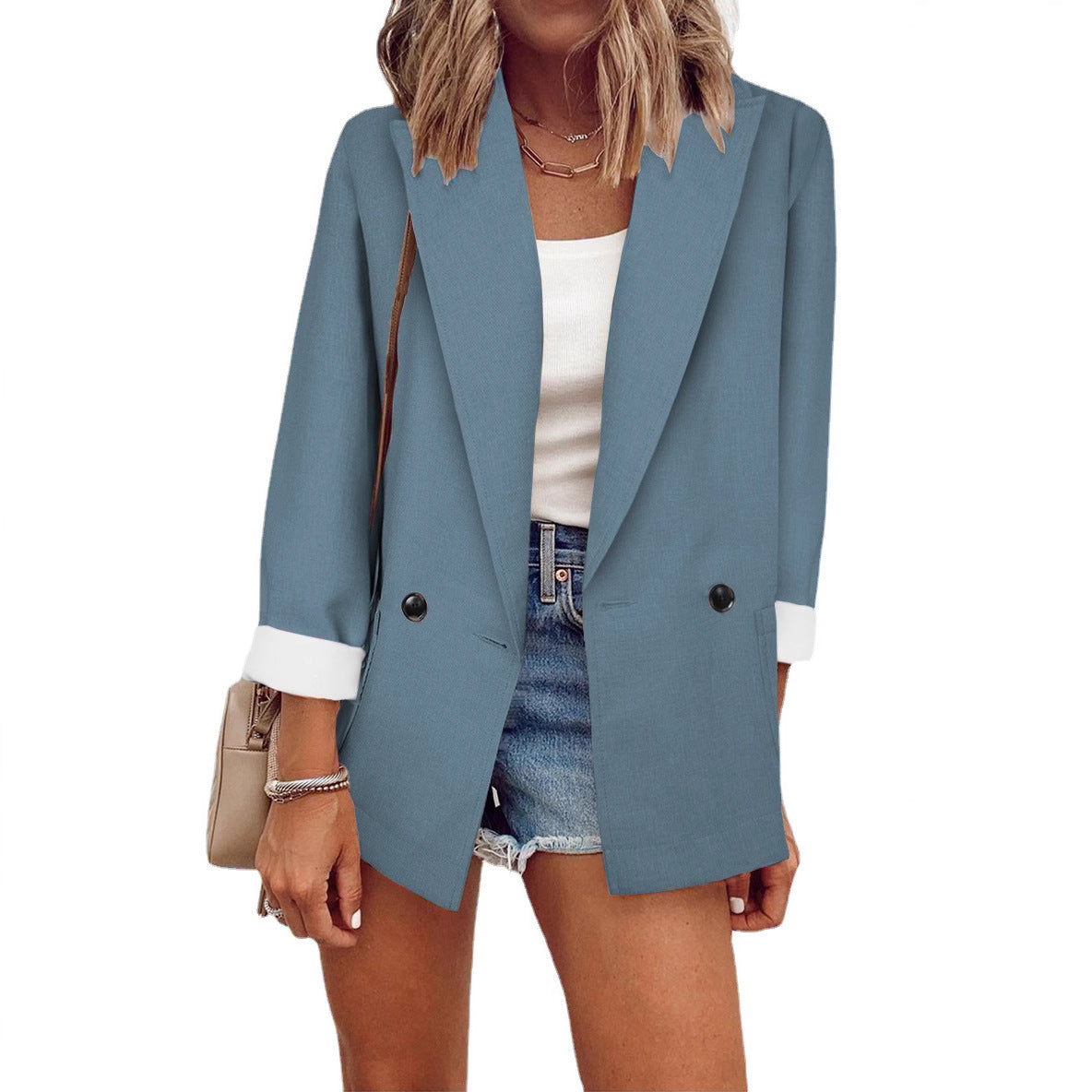 Women's Loose Longline Blazer with Rolled-Up Sleeves and Double-Breasted Button Placket Chichicherry