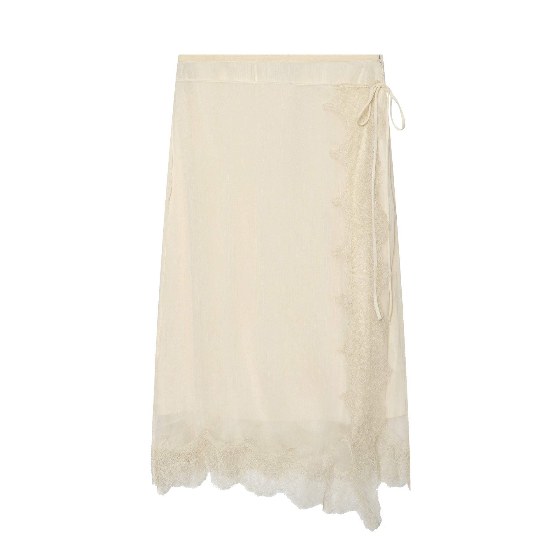 Women's semi-transparent wrap midi skirt made of chiffon with lace and tie band