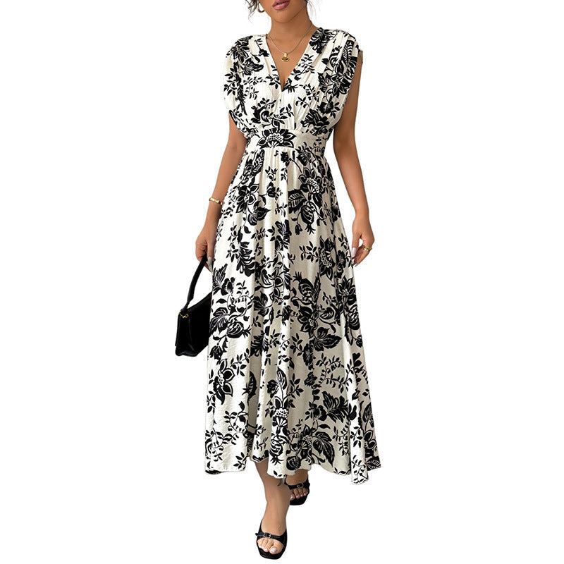 Women's Flowing Midi Dress with V-Neck, Gathered Waist and Jacquard Structure Chichicherry