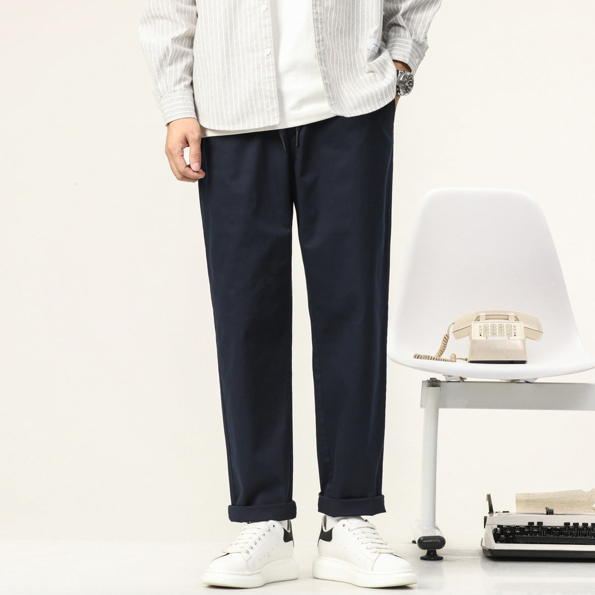 Men's Lightweight Cotton Blend Pants with Elastic Cord Waistband and Straight Leg Chichicherry