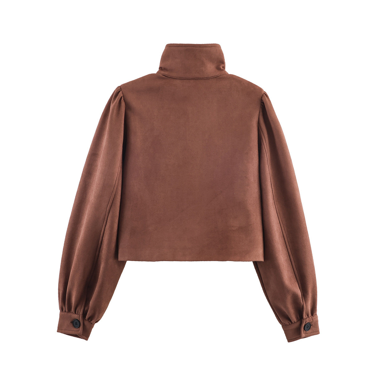 Women's short-cut suede-look jacket with stand-up collar, balloon sleeves, and pocket flaps Chichicherry