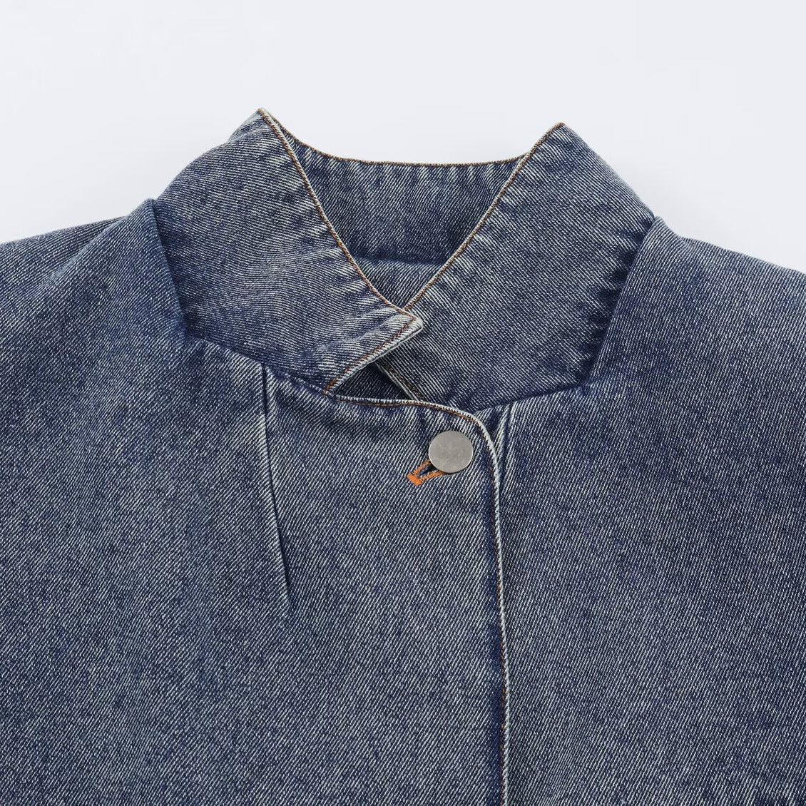 Women's Cropped Jeans Jacket in Boxy Cut with Stand-Up Collar and Three-Quarter Sleeves Chichicherry