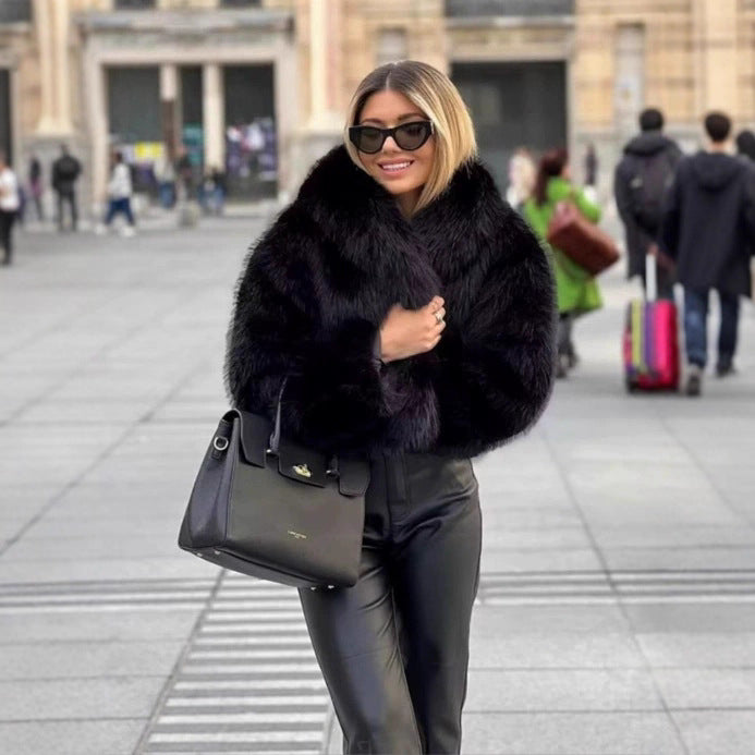 Women Short Cropped Faux Fur Blouson with Voluminous Shawl Collar and Soft Inner Lining Chichicherry