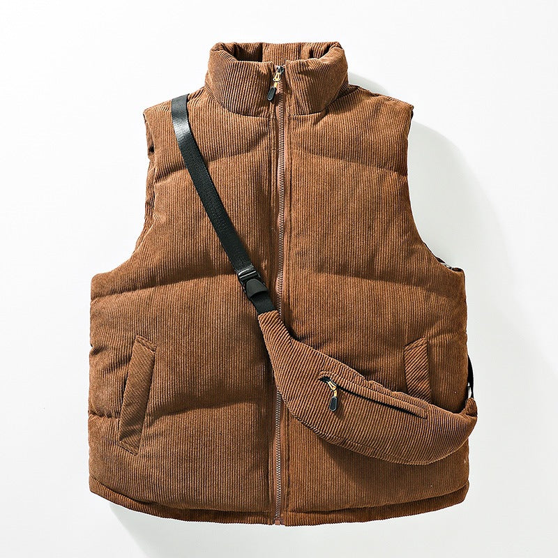 Men's Quilted Cord Sleeveless Thermal Vest with Stand Collar and Integrated Crossbody Bag Chichicherry