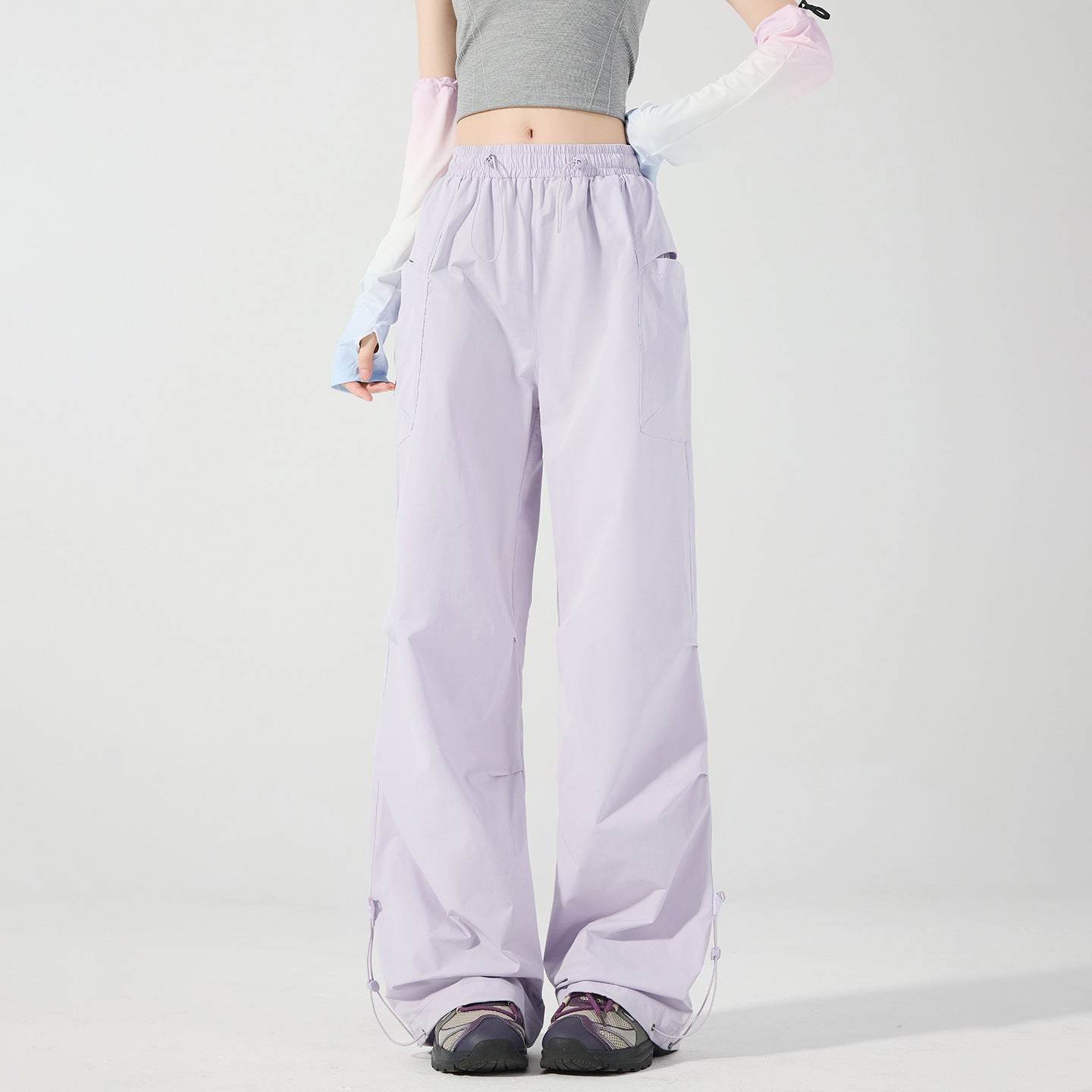 Women's Wide Technical Cargo Pants with Drawstring Waistband, Adjustable Hem, and Multifunctional Pockets Chichicherry